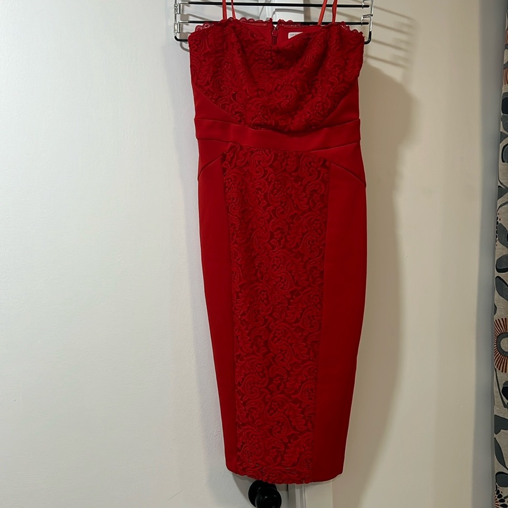 New York and Company Strapless Red Lace Bodycon Midi Dress